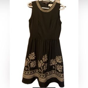 Mystic Elegant Fit & Flare Black Dress with Gold Floral Embroidery.
